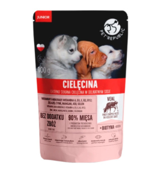PetRepublic JUNIOR drobno siekane kawałki w delikatnym sosie - cielęcina 100g dla psa