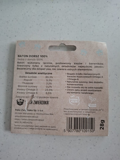 Paka Zwierzaka Baton Dorsz 100% 28g