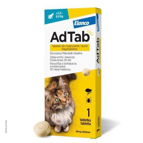 Elanco AdTab Tabletka Na Pchły I Kleszcze Dla Kotów 2-8kg 48mg