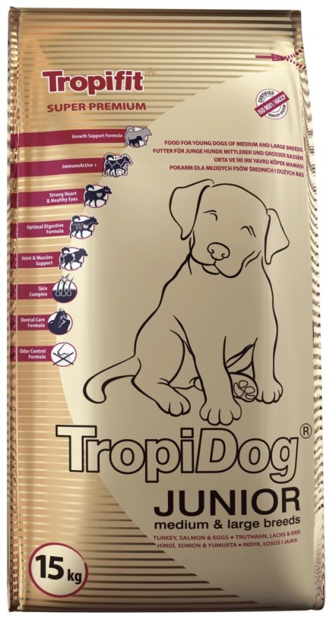 Tropidog Super Premium Junior Medium & Large Breed Z Indykiem, Łososiem I Jajkami 15kg
