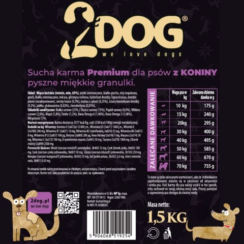 PÓŁWILGOTNA KARMA DLA PSÓW 2DOG KONINA 65% MONOPTOTEINOWA 1,5 KG BEZ ZBÓŻ