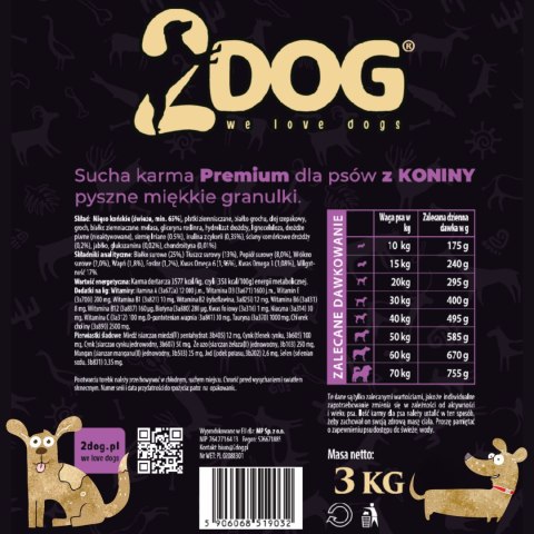 PÓŁWILGOTNA KARMA DLA PSÓW 2DOG KONINA 65% MONOPTOTEINOWA 3 KG BEZ ZBÓŻ