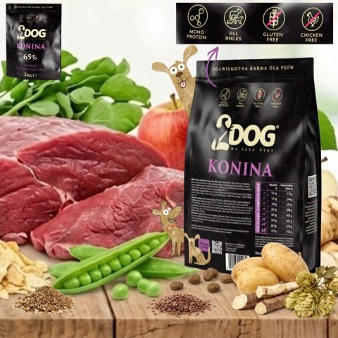 PÓŁWILGOTNA KARMA DLA PSÓW 2DOG KONINA 65% MONOPTOTEINOWA 3 KG BEZ ZBÓŻ