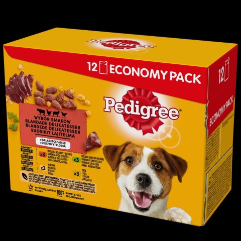 Pedigree Mokra Karma Dla Dorosłych Psów W Galaretce Z Wołowiną, Z Kurczakiem, Z Jagnięciną, Z Drobiem 12x100g