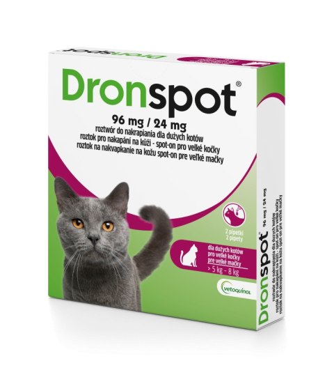 VETOQUINOL Dronspot krople odrobaczające spot-on dla dużych kotów 5-8 kg (2 x 1,12 ml)